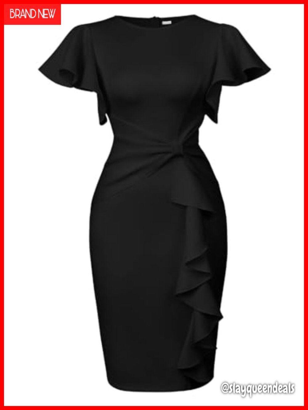 Women's Ruffle Sleeve Peplum Cocktail Midi Dress Pencil Knee Length Work Dress